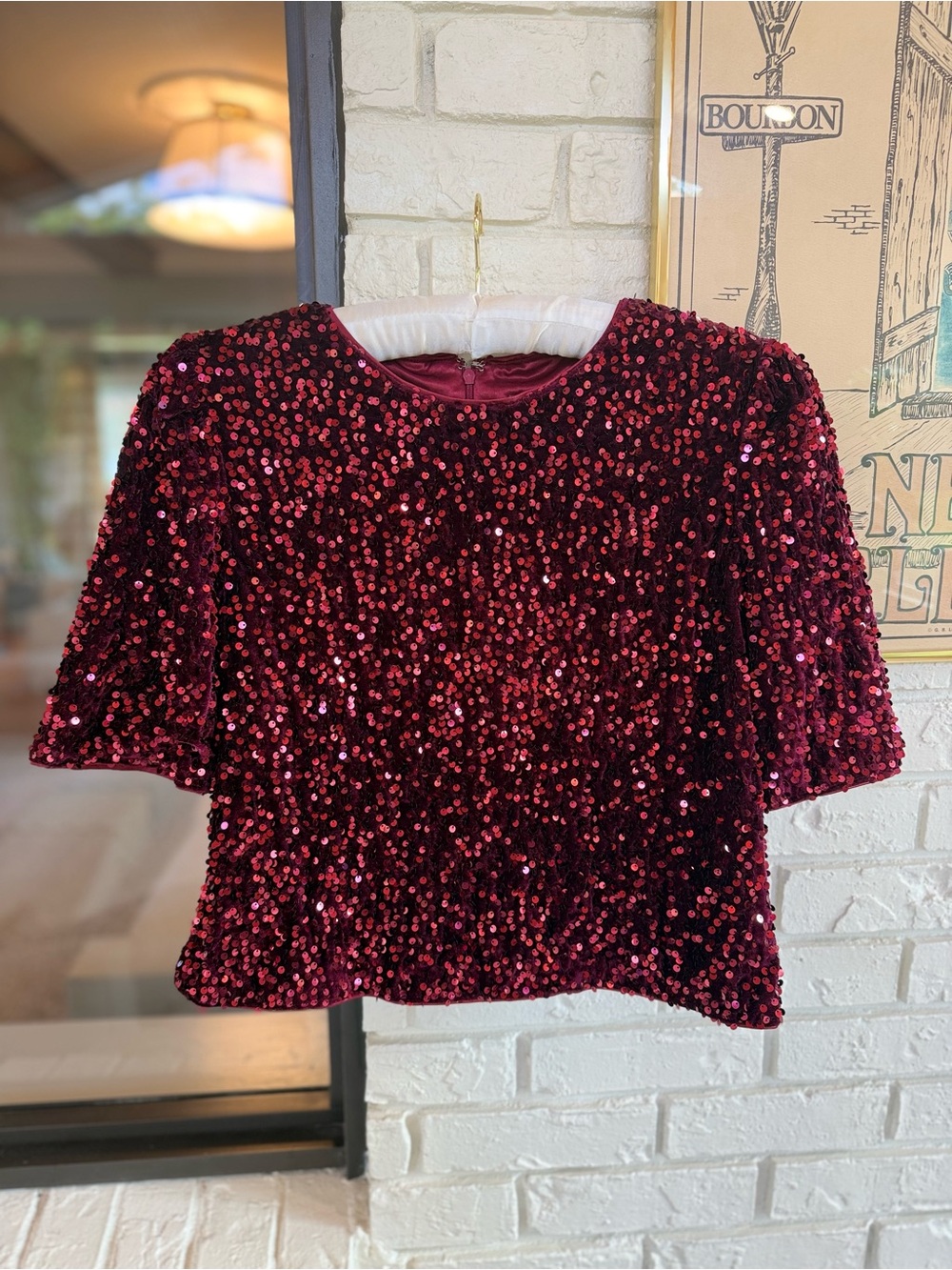 Nanette Lepore Burgundy Sequin Velvet Short Sleeve Top Size L